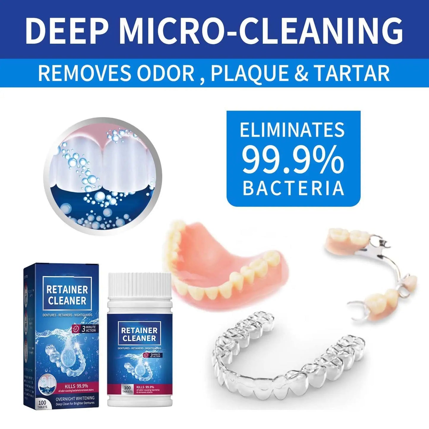 100PCS False Tooth Cleaning Tablets Denture Cleaning Tablets Removes Odor Orals Cleaning Retainer Cleaner Fresh Breath
