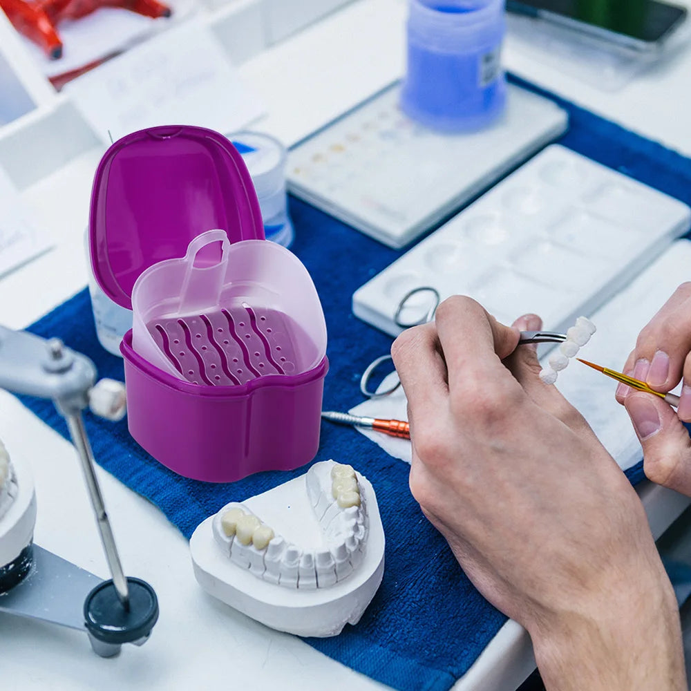 Denture Bath Box Organizer Dental False Teeth Storage Box with Hanging Net Container Cleaning Teeth Cases Artificial Tooth Boxes