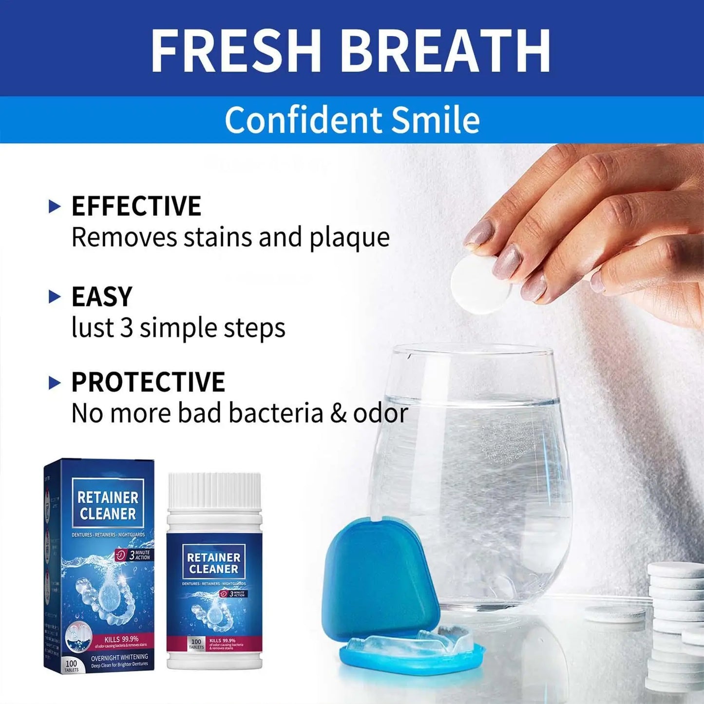 100PCS False Tooth Cleaning Tablets Denture Cleaning Tablets Removes Odor Orals Cleaning Retainer Cleaner Fresh Breath